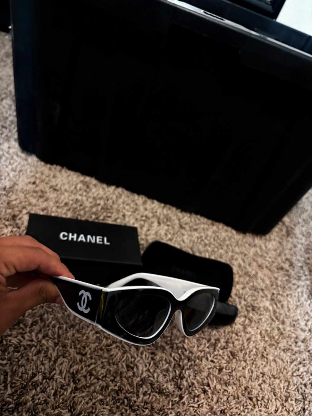 CHANEL Black and White Cat-Eye Sunglasses with CC Emblem